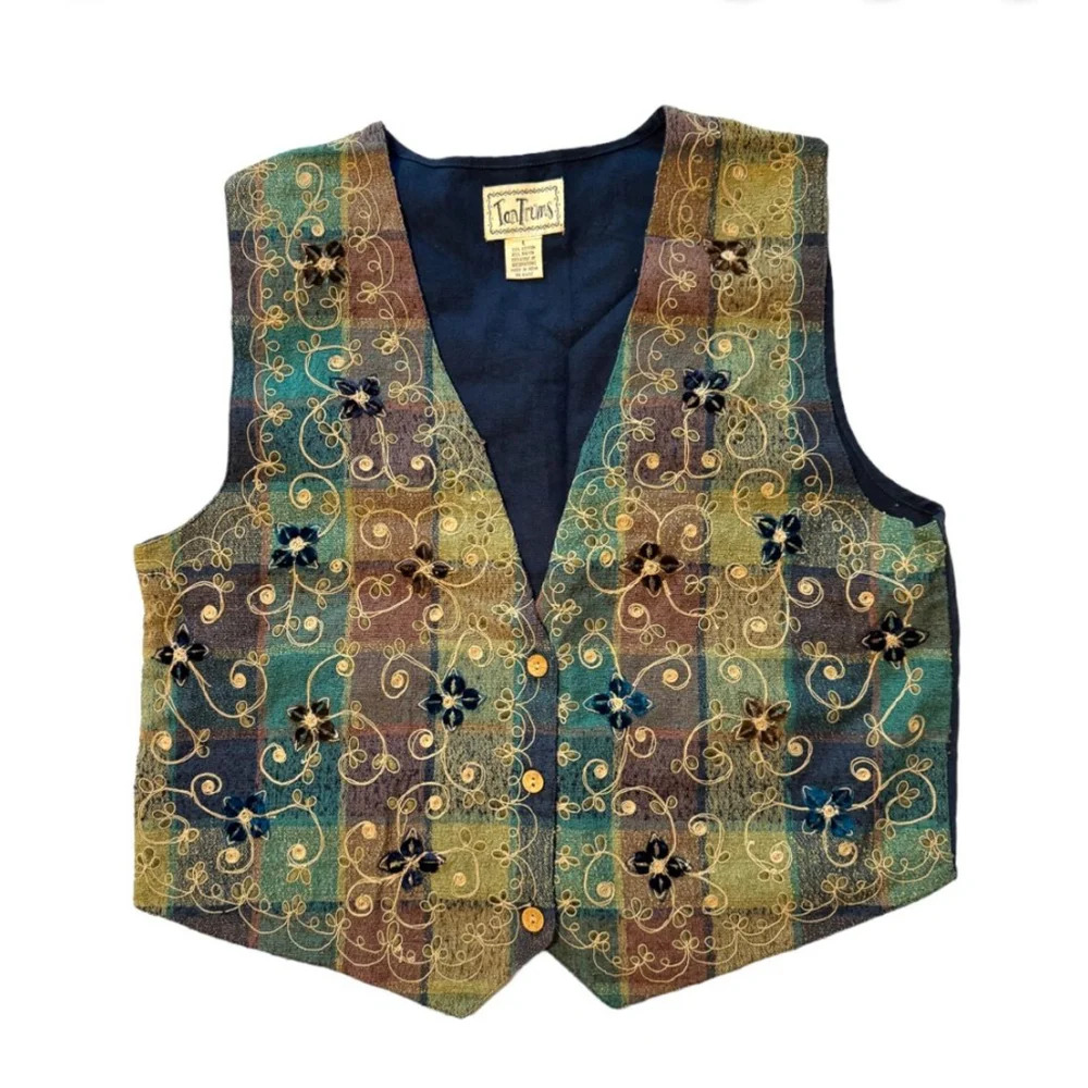 Vintage Embroidered Vest TanTrums Size L Blue Green Artsy 2000s 90s